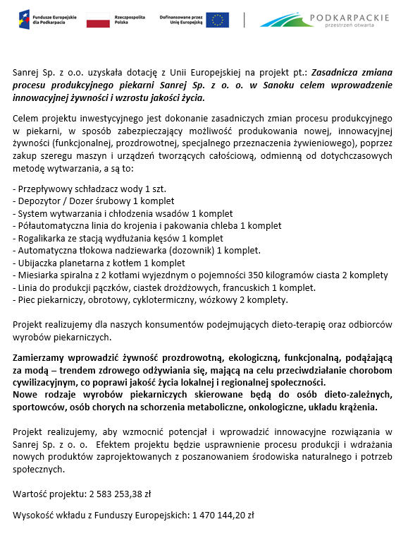 Informacja o przyznanym dofinansowaniu UE