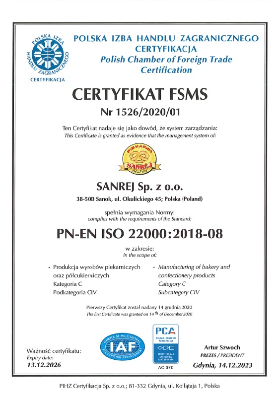 Certyfikat FSMS Nr 1526/2020/01